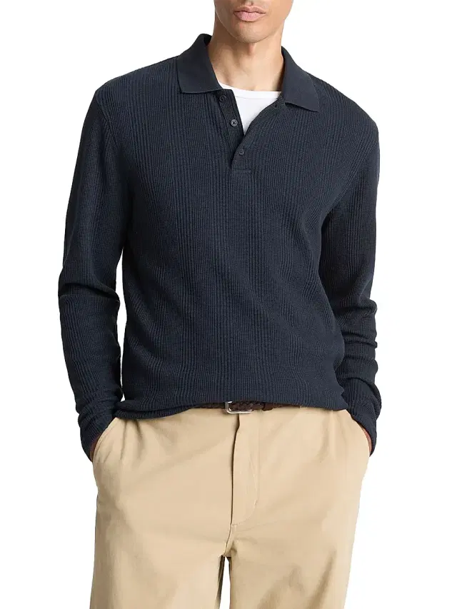 Vince Men's Variegated Textured Long-Sleeve Polo Shirt - Coastal
