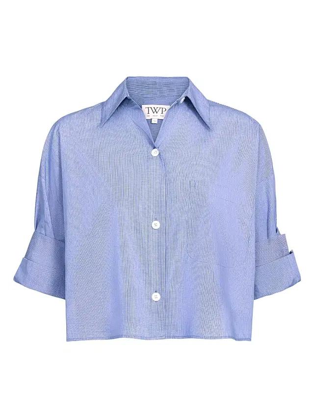 Women's Next Ex Cotton Crop Shirt - White Navy