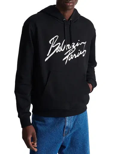 Balmain Men's Logo Script Hoodie - Black White | Thumbnail 4 Balmain Men's Logo Script Hoodie - Black White | Thumbnail 4