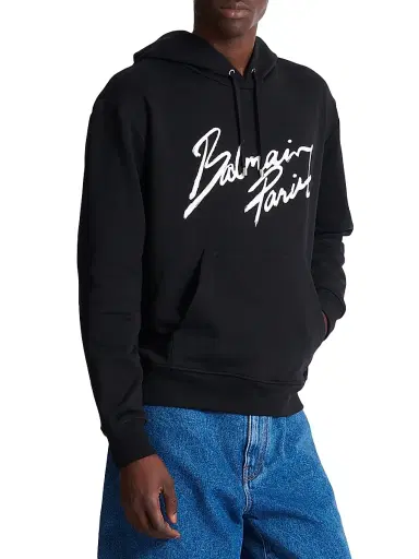 Balmain Men's Logo Script Hoodie - Black White | Thumbnail 6 Balmain Men's Logo Script Hoodie - Black White | Thumbnail 6