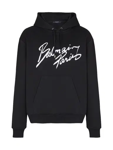 Balmain Men's Logo Script Hoodie - Black White | Thumbnail 1 Balmain Men's Logo Script Hoodie - Black White | Thumbnail 1