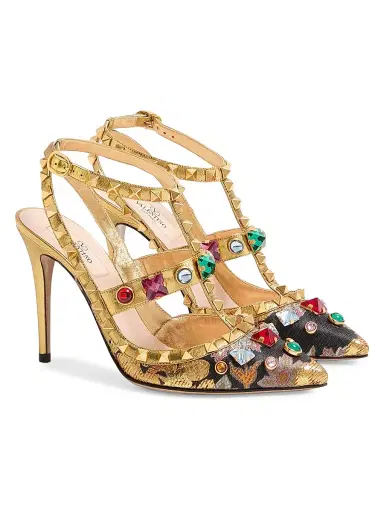 Valentino Garavani Women's Rockstud 100MM Pumps with Straps in Jacquard Apres L'hiver Fabric - Gold | Thumbnail 2 Valentino Garavani Women's Rockstud 100MM Pumps with Straps in Jacquard Apres L'hiver Fabric - Gold | Thumbnail 2