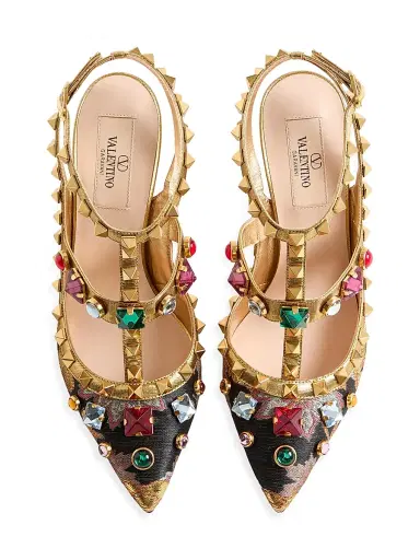Valentino Garavani Women's Rockstud 100MM Pumps with Straps in Jacquard Apres L'hiver Fabric - Gold | Thumbnail 3 Valentino Garavani Women's Rockstud 100MM Pumps with Straps in Jacquard Apres L'hiver Fabric - Gold | Thumbnail 3