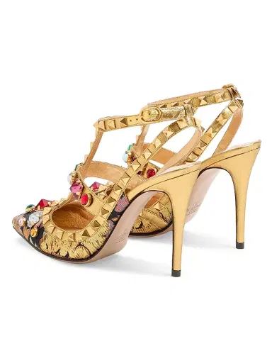 Valentino Garavani Women's Rockstud 100MM Pumps with Straps in Jacquard Apres L'hiver Fabric - Gold | Thumbnail 4 Valentino Garavani Women's Rockstud 100MM Pumps with Straps in Jacquard Apres L'hiver Fabric - Gold | Thumbnail 4