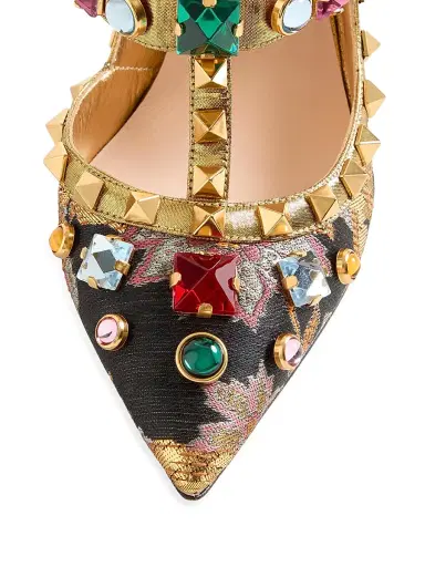 Valentino Garavani Women's Rockstud 100MM Pumps with Straps in Jacquard Apres L'hiver Fabric - Gold | Thumbnail 5 Valentino Garavani Women's Rockstud 100MM Pumps with Straps in Jacquard Apres L'hiver Fabric - Gold | Thumbnail 5