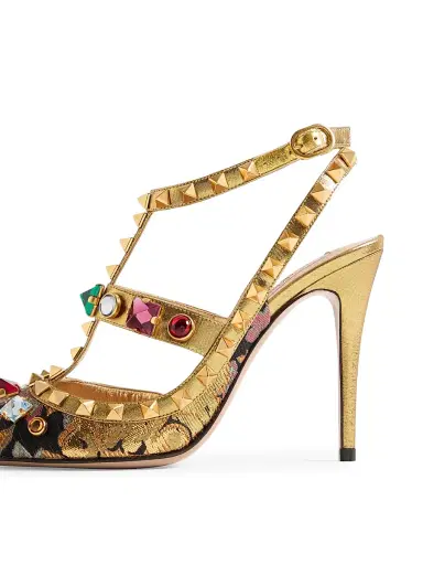 Valentino Garavani Women's Rockstud 100MM Pumps with Straps in Jacquard Apres L'hiver Fabric - Gold | Thumbnail 6 Valentino Garavani Women's Rockstud 100MM Pumps with Straps in Jacquard Apres L'hiver Fabric - Gold | Thumbnail 6