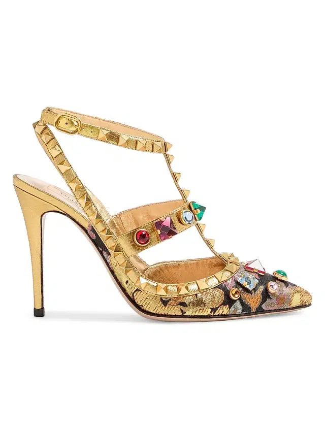 Women's Rockstud 100MM Pumps with Straps in Jacquard Apres L'hiver Fabric - Gold Women's Rockstud 100MM Pumps with Straps in Jacquard Apres L'hiver Fabric - Gold