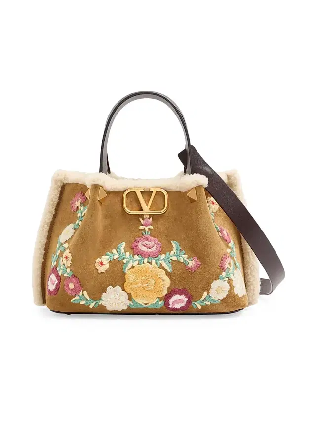 Women's  Top Handle Bag in Embroidered Suede with Sheepskin Lining - Havana Beige
