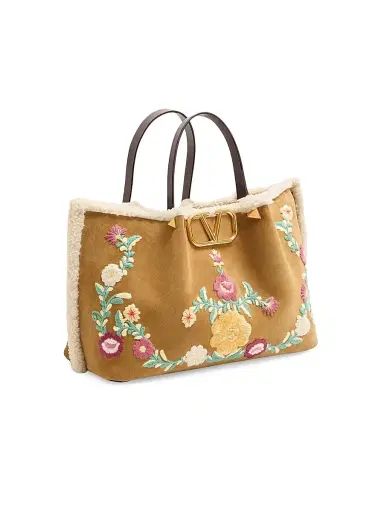 Valentino Garavani Women's Shopping Bag in Embroidered Suede with Sheepskin Lining - Havana Beige | Thumbnail 2 Valentino Garavani Women's Shopping Bag in Embroidered Suede with Sheepskin Lining - Havana Beige | Thumbnail 2