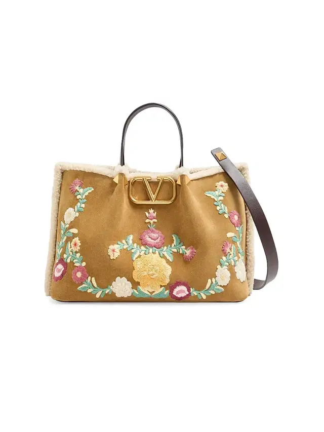 Women's Shopping Bag in Embroidered Suede with Sheepskin Lining - Havana Beige Women's Shopping Bag in Embroidered Suede with Sheepskin Lining - Havana Beige