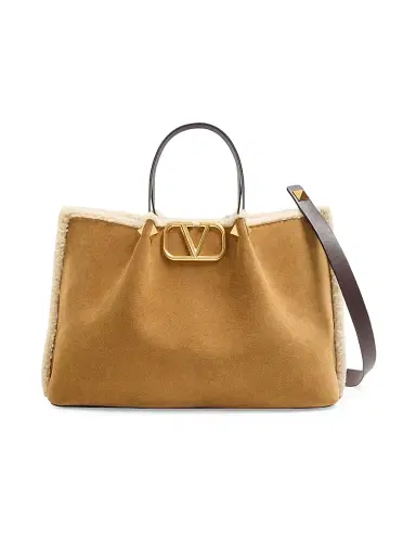 Valentino Garavani Women's Suede Shopping Bag with Sheepskin Lining - Havana Beige | Thumbnail 1 Valentino Garavani Women's Suede Shopping Bag with Sheepskin Lining - Havana Beige | Thumbnail 1