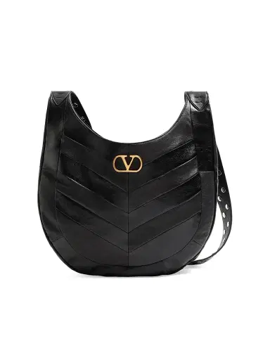 Valentino Garavani Women's Hoboho Shoulder Bag in Nappa Leather with Chevron Pattern - Black | Thumbnail 1