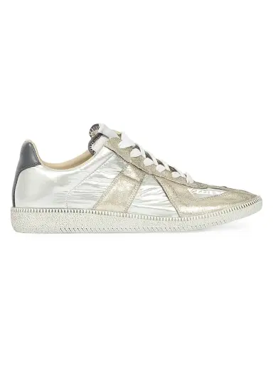 Maison Margiela Men's Replica Metallic Leather Low-Top Sneakers - Silver White | Thumbnail 1 Maison Margiela Men's Replica Metallic Leather Low-Top Sneakers - Silver White | Thumbnail 1