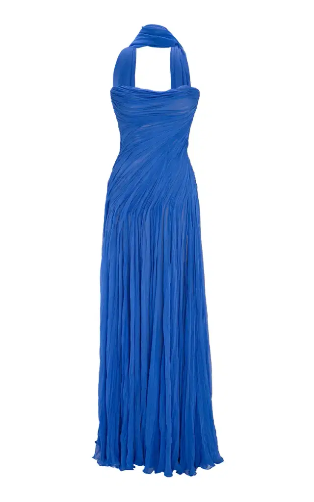 Scarf-detail Hand-Pleated Silk Gown - Blue