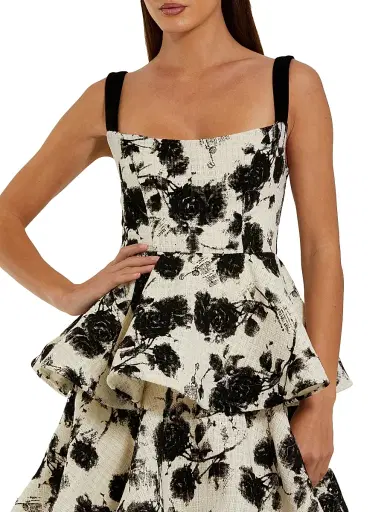 Mac Duggal Women's Floral Bouclé Tiered Gown - Black Ivory - Size 14 | Thumbnail 3
