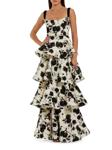 Mac Duggal Women's Floral Bouclé Tiered Gown - Black Ivory - Size 14 | Thumbnail 1