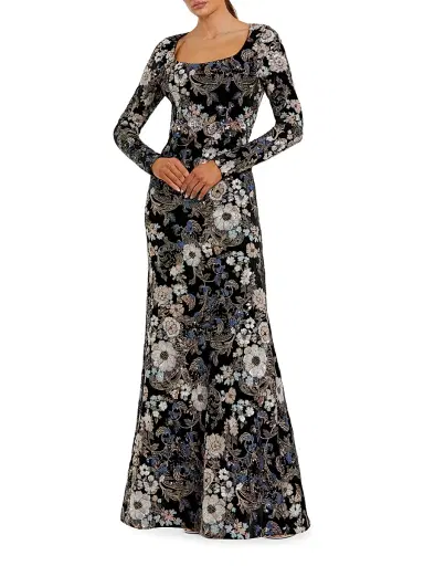 Mac Duggal Women's Embroidered Velvet Long-Sleeve Gown - Black Multi - Size 20 | Thumbnail 1 Mac Duggal Women's Embroidered Velvet Long-Sleeve Gown - Black Multi - Size 20 | Thumbnail 1