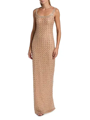 Pamella Roland Women's Imitation Pearl & Bead-Embroidered Tulle Gown - Beige | Thumbnail 2