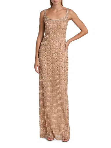 Pamella Roland Women's Imitation Pearl & Bead-Embroidered Tulle Gown - Beige | Thumbnail 3