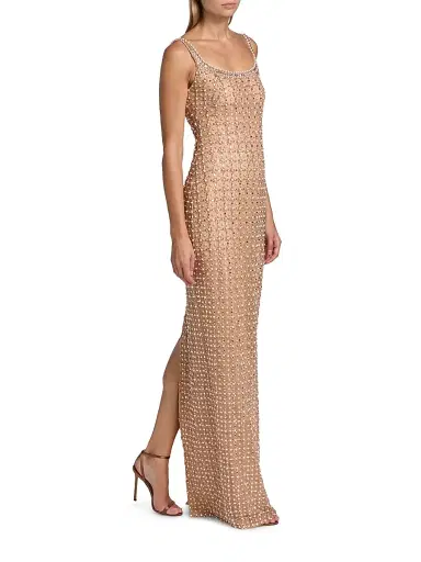 Pamella Roland Women's Imitation Pearl & Bead-Embroidered Tulle Gown - Beige | Thumbnail 4