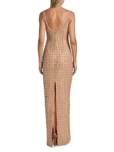 Pamella Roland Women's Imitation Pearl & Bead-Embroidered Tulle Gown - Beige | Thumbnail 5