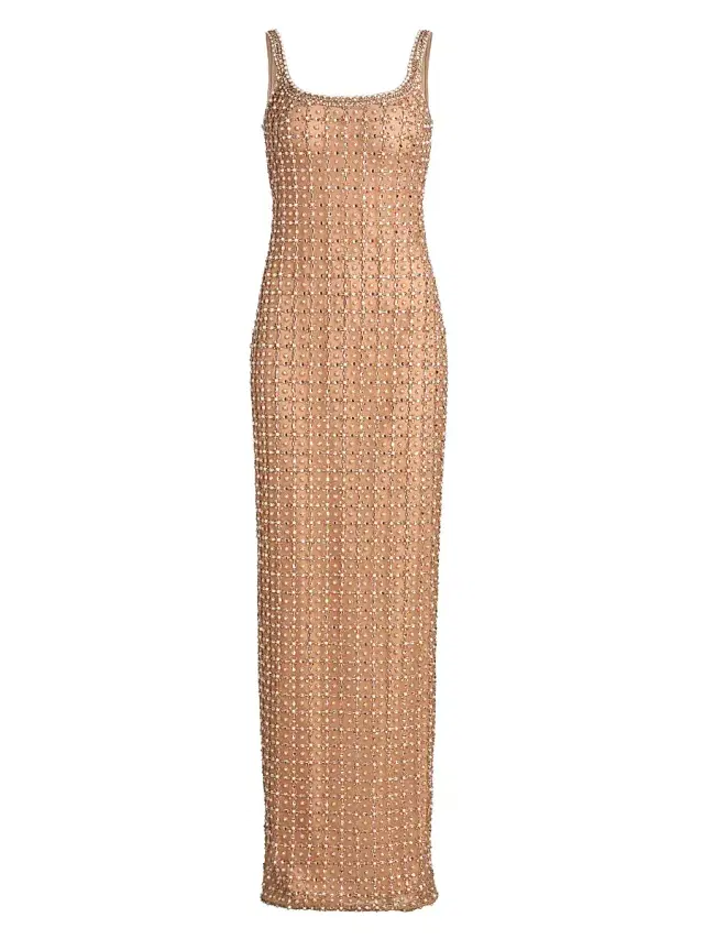 Women's Imitation Pearl & Bead-Embroidered Tulle Gown - Beige
