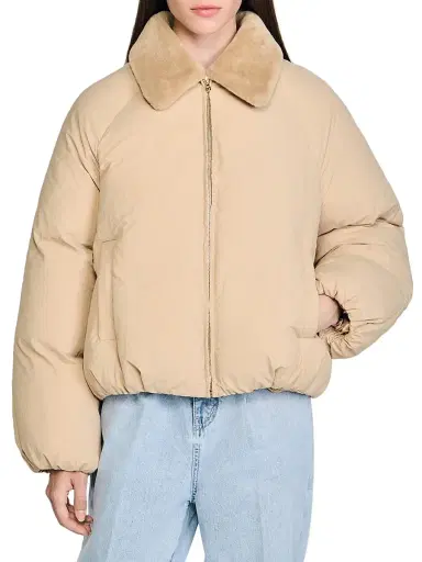 Sandro Women's Puffer Jacket with Shearling Collar - Beige | Thumbnail 2 Sandro Women's Puffer Jacket with Shearling Collar - Beige | Thumbnail 2