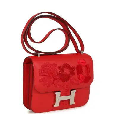 HERMÈS Hermes Constance 18 "Dancing Flowers" Rouge De Coeur Embroidered Swift Palladium Hardware | Thumbnail 2 HERMÈS Hermes Constance 18 "Dancing Flowers" Rouge De Coeur Embroidered Swift Palladium Hardware | Thumbnail 2