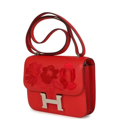 HERMÈS Hermes Constance 18 "Dancing Flowers" Rouge De Coeur Embroidered Swift Palladium Hardware | Thumbnail 5 HERMÈS Hermes Constance 18 "Dancing Flowers" Rouge De Coeur Embroidered Swift Palladium Hardware | Thumbnail 5