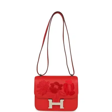 HERMÈS Hermes Constance 18 "Dancing Flowers" Rouge De Coeur Embroidered Swift Palladium Hardware | Thumbnail 7 HERMÈS Hermes Constance 18 "Dancing Flowers" Rouge De Coeur Embroidered Swift Palladium Hardware | Thumbnail 7