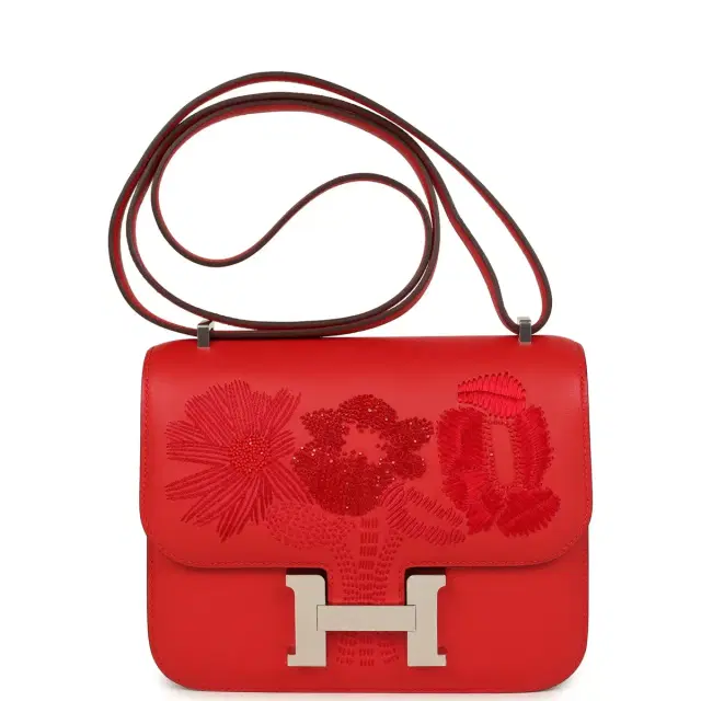 hermes Hermes Constance 18 "Dancing Flowers" Rouge De Coeur Embroidered Swift Palladium Hardware