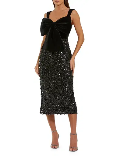 Mac Duggal Women's Velvet Bow Sequined Midi-Dress | Thumbnail 1