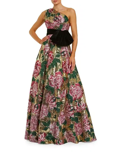Mac Duggal Women's Velvet Bow One-Shoulder Sequin Ballgown - Gold Multi | Thumbnail 1