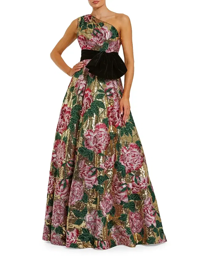 Mac Duggal Women's Velvet Bow One-Shoulder Sequin Ballgown - Gold Multi