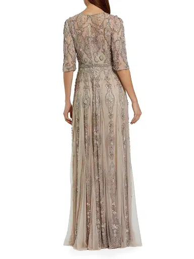 Mac Duggal Women's Three-Quarter Sleeve Embellished Mesh Gown | Thumbnail 2 Mac Duggal Women's Three-Quarter Sleeve Embellished Mesh Gown | Thumbnail 2