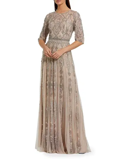 Mac Duggal Women's Three-Quarter Sleeve Embellished Mesh Gown | Thumbnail 1 Mac Duggal Women's Three-Quarter Sleeve Embellished Mesh Gown | Thumbnail 1