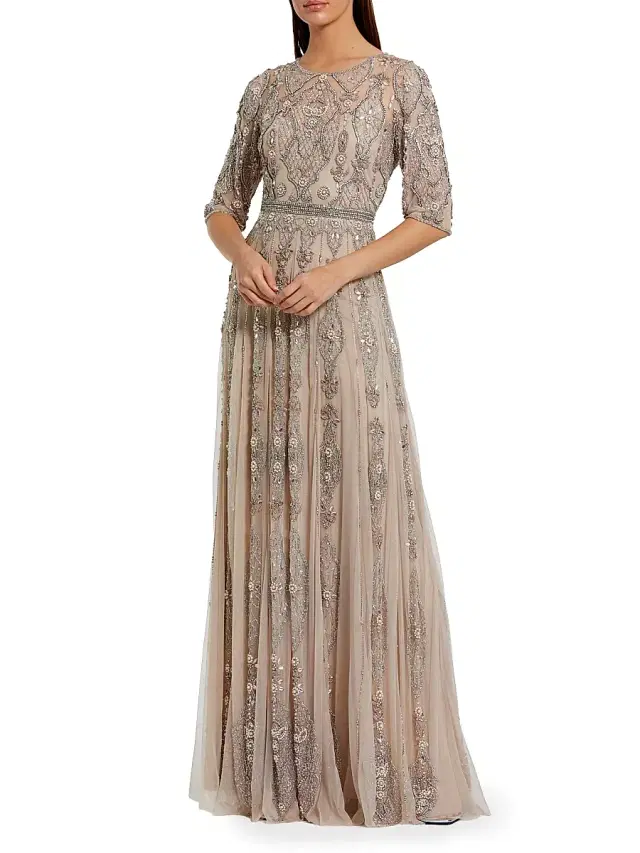Mac Duggal Women's Three-Quarter Sleeve Embellished Mesh Gown - Vintage Lilac
