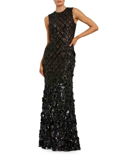 Mac Duggal Women's Mesh Beaded Sequin Mermaid Gown - Black Beige - Size 6 | Thumbnail 1 Mac Duggal Women's Mesh Beaded Sequin Mermaid Gown - Black Beige - Size 6 | Thumbnail 1