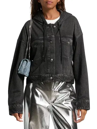 rag & bone Women's rb Miramar Hooded Terry Cotton Trucker Jacket - Faded Black | Thumbnail 3
