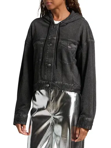 rag & bone Women's rb Miramar Hooded Terry Cotton Trucker Jacket - Faded Black | Thumbnail 4