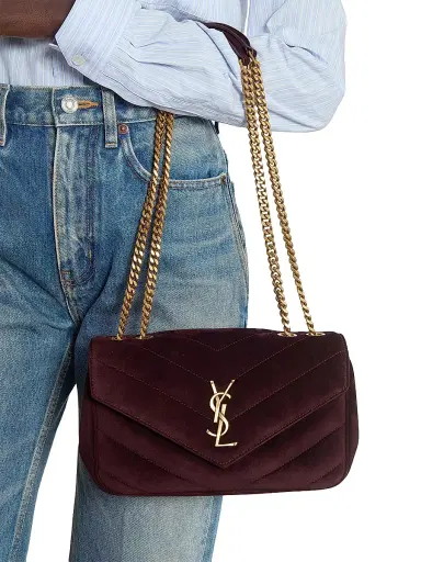 Saint Laurent Women's Loulou Small Shoulder Bag in Matelassé Suede - Smoky Burgundy | Thumbnail 3