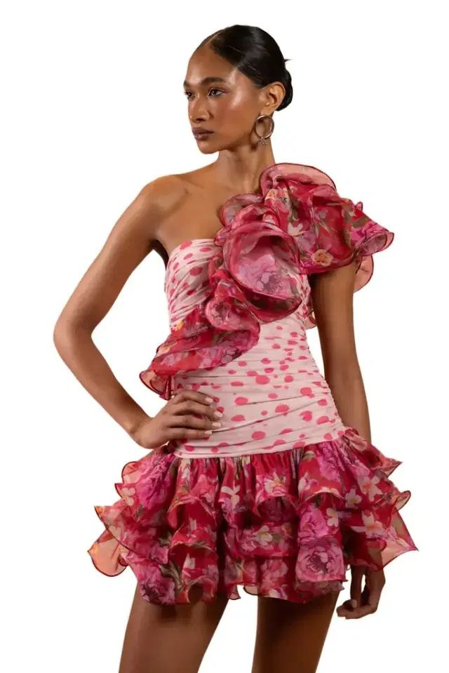 PEONY DOTS RUFFLE MINI DRESS (RUNWAY)