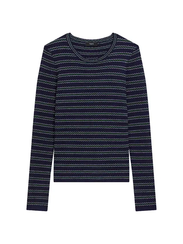 Theory Women's Striped Wool Rib-Knit Long-Sleeve Top - Deep Navy Multi