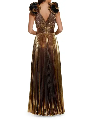 Mac Duggal Women's Pleated Metallic Ruffle-Trim Gown - Antique Gold - Size 12 | Thumbnail 2