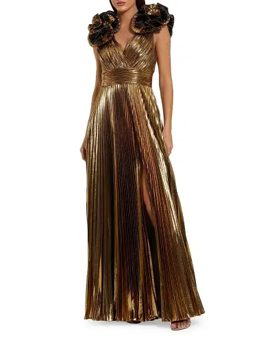 Mac Duggal Women's Pleated Metallic Ruffle-Trim Gown - Antique Gold - Size 12 | Thumbnail 1