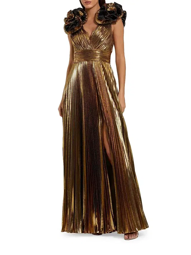 Women's Pleated Metallic Ruffle-Trim Gown - Antique Gold