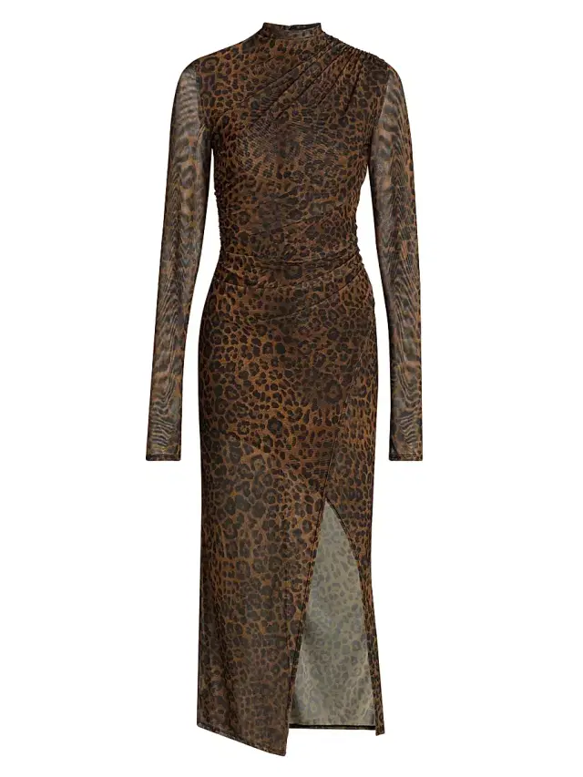 LaPointe Women's Leopard Printed Mesh Draped Midi-Dress - Leopard
