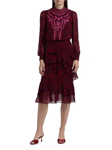Saloni Women's Isa Ruffle Embroidered Midi-Dress - Astilbe Burgundy | Thumbnail 3 Saloni Women's Isa Ruffle Embroidered Midi-Dress - Astilbe Burgundy | Thumbnail 3
