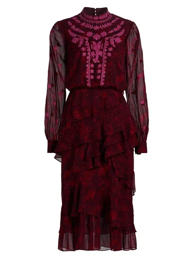 Saloni Women's Isa Ruffle Embroidered Midi-Dress - Astilbe Burgundy