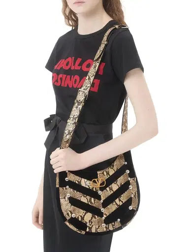Valentino Garavani Women's Hoboho Hobo Bag in Python and Chevron-Patterned Suede - Beige Black | Thumbnail 2